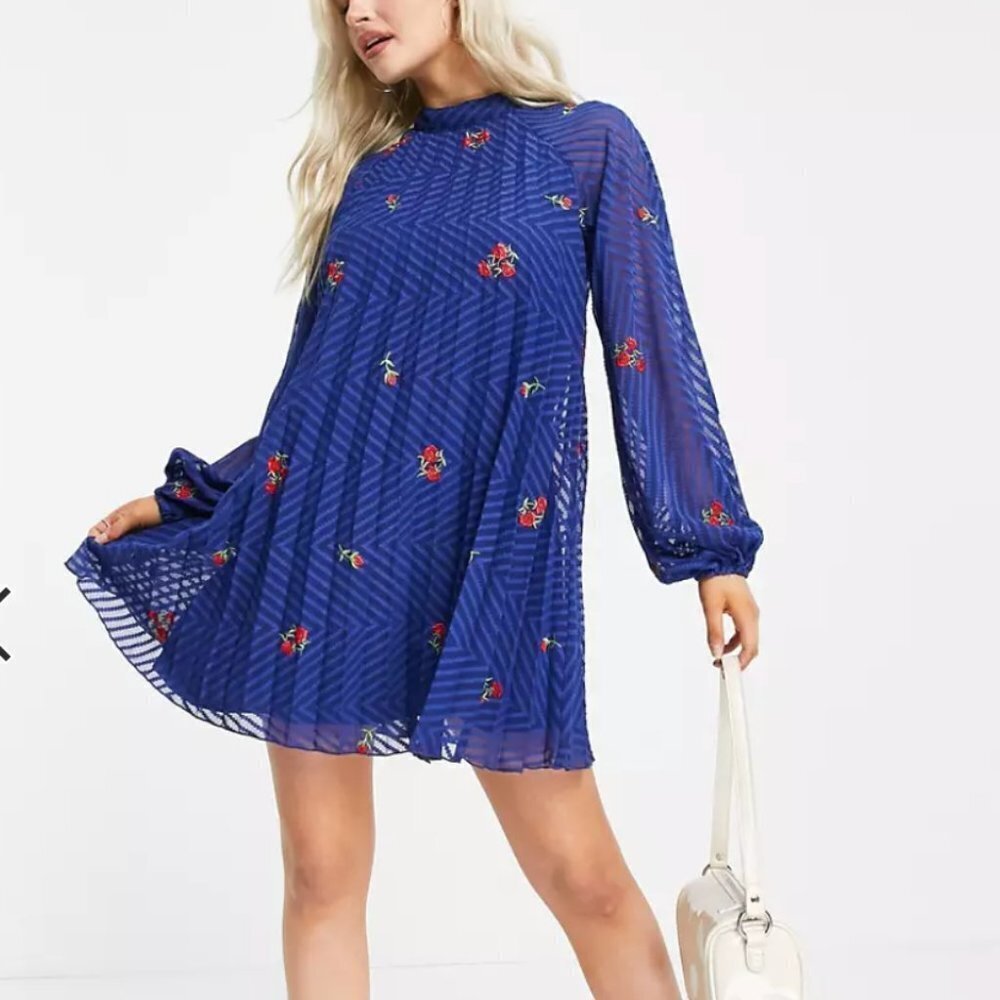 Asos Design Petite Pleated Trapeze Mini Dress Embroidered Navy Us 2p